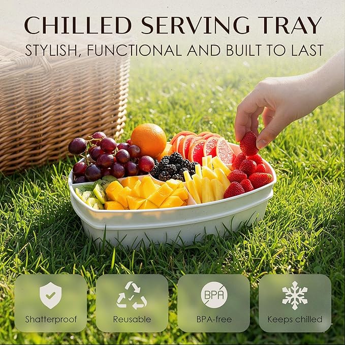 15" Stone-Colored Chilled Serving Tray - 3-Tier Ice Party Platter with 4 Compartments, Ice Tray & Lid, BPA-Free Melamine, Dishwasher & Freezer Safe for Fruits & Vegetables - Cutting Board Included