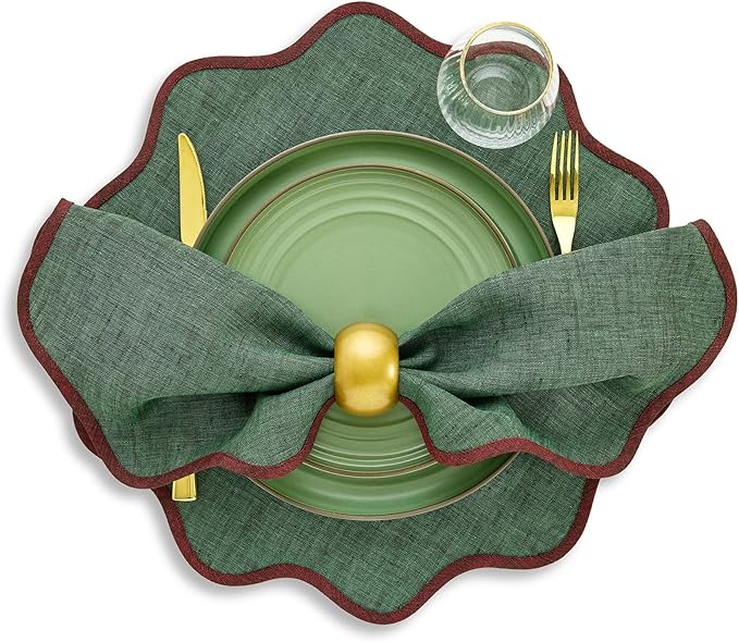 Solino Home Linen Scallop Cloth Napkins Set of 4-100% Pure Linen Red Garnet and Forest Green Dinner Napkins 20 Inch - Giselle Scallop Edge, Handcrafted and Machine Washable