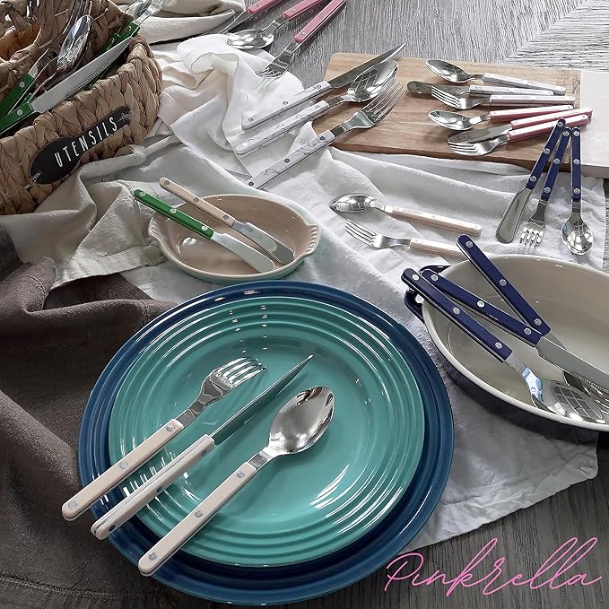 6-Piece Stainless Steel Flatware Silverware Cutlery Set - Color Handle with Rivet/Retro Style - Includes Dinner Knife; Dinner Fork; Salad Fork; Soup Spoon; Teaspoon; Spreader (IVORY)