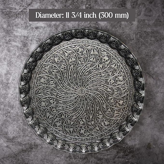 Coffee Tea Beverage Serving Tray, Vintage and Fancy Round Design (Antique Silver)