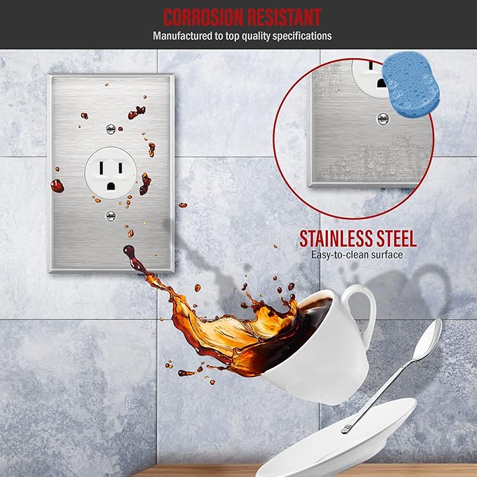 ENERLITES 1.406" Hole Single Receptacle Outlet Metal Wall Plate, Corrosive Resistant, Over Size 1-Gang 5.5" x 3.5", 7751O, 430 Stainless Steel, UL Listed, Silver