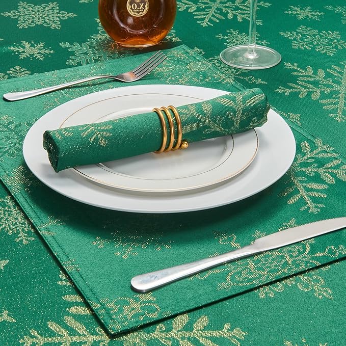 Rectangle Fancy Metallic Sparkling Snowflake Christmas Fabric Table Cloth red Hunter Gold Navy White Silver No-Iron Soil Resistant Woven Holiday Table Cover(Hunter Gold/60x144Inch)