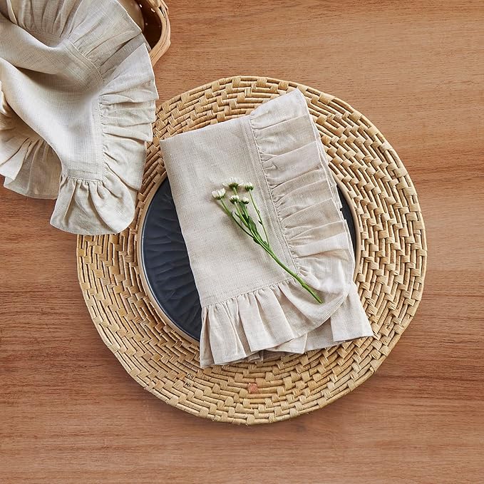 Solino Home Linen Ruffle Cloth Napkins Set of 4-100% Pure Linen Light Natural Dinner Napkins 20 x 20 Inch - Gabrielle Ruffle, Handcrafted and Machine Washable