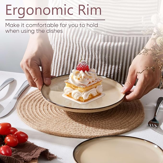 Herogo Ceramic 7.9 Inch Dinner Dessert Plates Set of 4, Small Stoneware Dinnerware Plate Set, Double Reactive Glaze Large Dinnerware Plates for Kitchen, Microwave, Oven & Dishwasher Safe, Cream Khaki