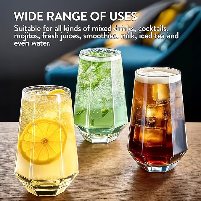 WARMEST SPIRIT Crystal Beverage Glasses- Set of 6- Hexagon Design – 16oz Beer Tumbler & Highball Glass | Modern Tall Drinking Glass for Beer, Cocktails, Iced Tea, Cold Drinks & Everyday Use