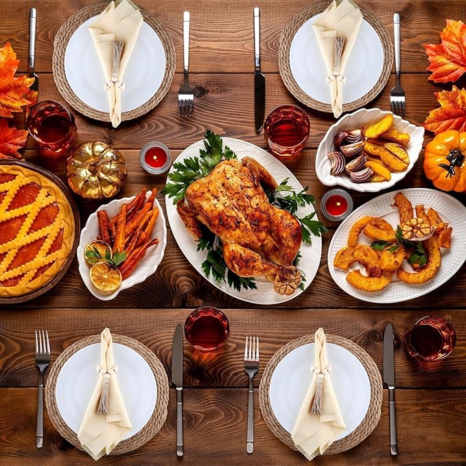 Boho Woven Placemats Set of 6 with Wooden Napkin Rings, 13" Natural Water Hyacinth Rattan Wicker Table Mats Charger Plates for Christmas Decorations, Thanksgiving, Rustic Dining & Home Decor