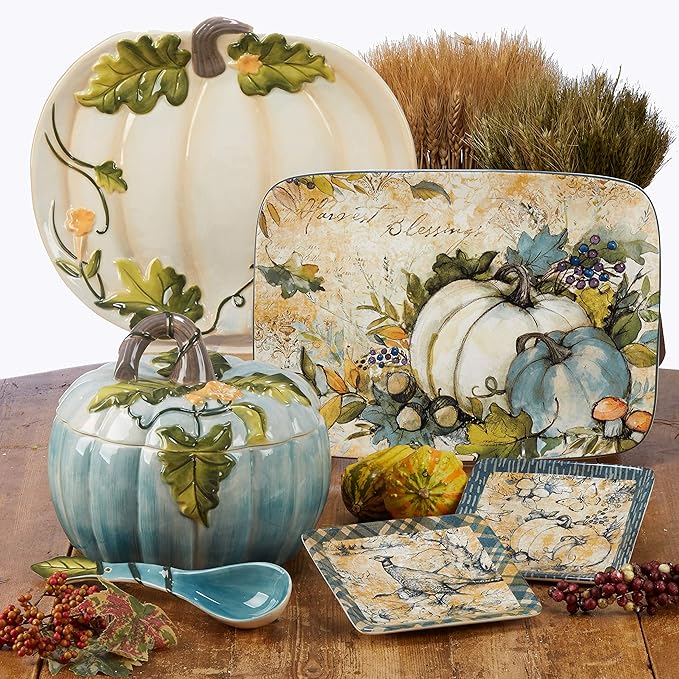 Harvest Gatherings 16-Piece Ceramic Dinnerware Set, Service for 4 – Multicolor Fall Plates, Bowls & Mugs with Pumpkin & Pheasant Design – Autumn Tableware for Thanksgiving, Cabin & Holiday Hosting