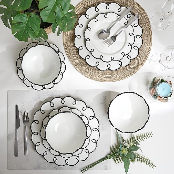 Sango 12-Piece Earthenware Dinnerware Set for 4, Glossy White Plates and Bowls Sets with Black Scalloped Rims, Premium Dish Set, Holiday Dishes for Gifting & Hosting Christmas Party, Splash of Cheers