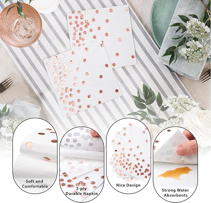 80 Pack of White Paper Cocktail Napkins with Gold Foil Polka Dot Confetti，Polka Dot Party Supplies(5 x 5 in，3-ply) (Rose Gold)