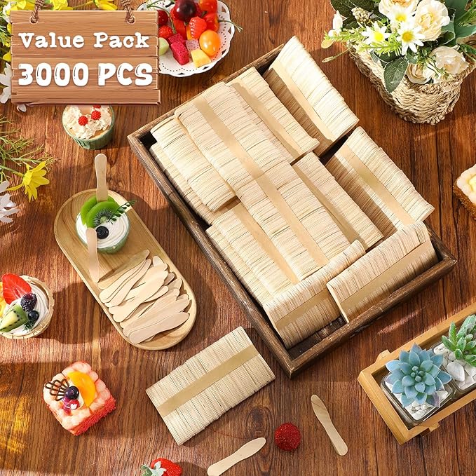 Nuogo 3000 Pcs Wooden Ice Cream Sample Spoons Bulk 3'' Disposable Honey Gelato Tasting Sticks Cutlery Mini Wood Chocolate Hot Cocoa Essential Small Wedding Dessert Spoon for Eating Sampling Craft