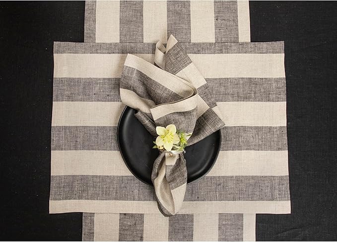 Solino Home Linen Placemats Set of 4 - Cabana Stripe Black and Natural Placemats 14 x 19 Inch - 100% Pure Linen Place Mats for Winter, Holiday