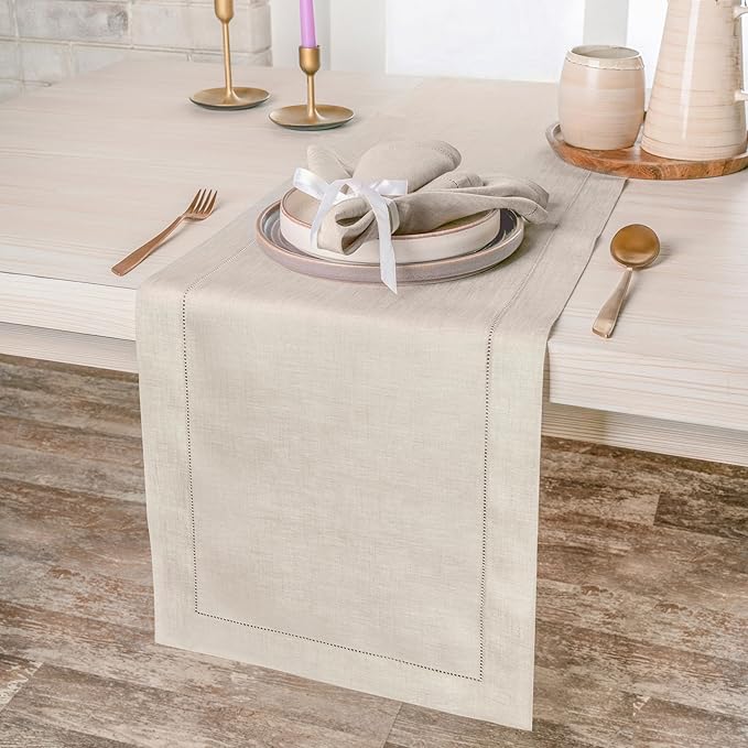 D'Moksha Homes Linen Light Natural Table Runner 36 Inches - 100% Pure Linen Small Table Runner 14 x 36 Inch Ideal for Dresser, Coffee Tables, Winter, Christmas, Holiday, New Year - Classic Hemstitch