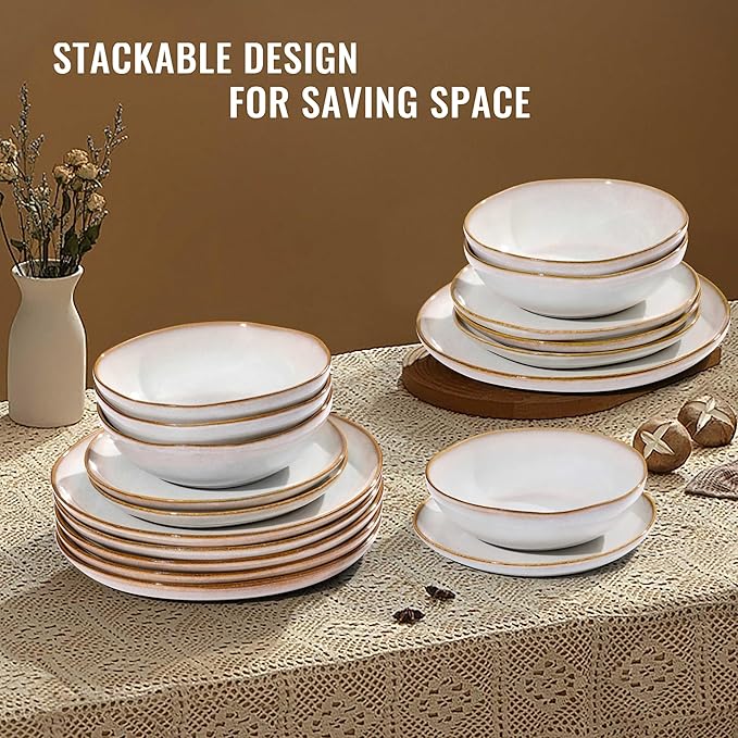 Herogo 24Pcs Plates and Bowls Dinner Set, Stoneware Dinnerware Dishes Sets for 8, Ceramic Dishware Tableware Includes Dinner Salad Plates, Soup Bowls, Microwave & Dishwasher Safe, Pearl White
