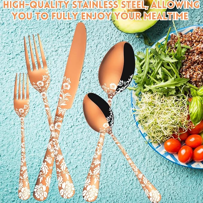 Vilihkc 20 piece Peony Flower Pattern Design Silverware Set, Stainless Steel Flatware Set Service for 4, Rose Gold Cutlery Set, Mirror Polished Utensil Set for Kitchen, Dishwasher Safe