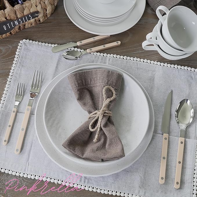 6-Piece Stainless Steel Flatware Silverware Cutlery Set - Color Handle with Rivet/Retro Style - Includes Dinner Knife; Dinner Fork; Salad Fork; Soup Spoon; Teaspoon; Spreader (IVORY)
