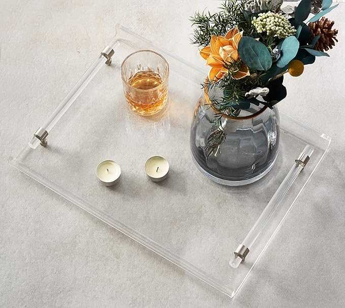 Acrylic Serving Tray, Breakfast Tray with Acrylic Handles, Decorative for Coffee Table & Kitchen, 16x12x2 inch