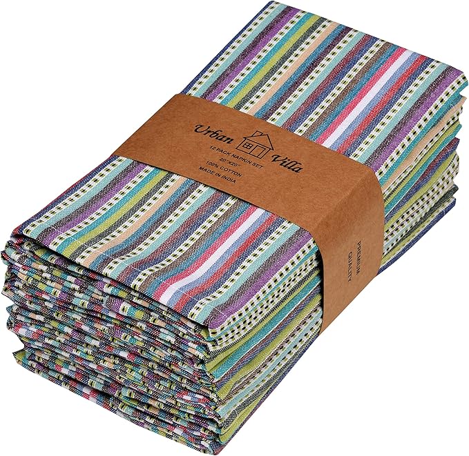 Urban Villa Cloth Napkins Set of 12 20x20 Inches 100% Cotton Napkins Cloth Washable Durable Reusable Absorbent Table Dinner Napkins Cloth for Hotel Lunch Restaurant Weddings Parties – Blue Stripes