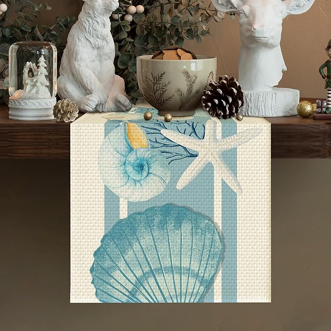 Seashells Starfish Table Runner Seasonal Holiday Kitchen Dining Linen Table Decoration for Indoor Outdoor Home Party Decor 13 x 72 Inch