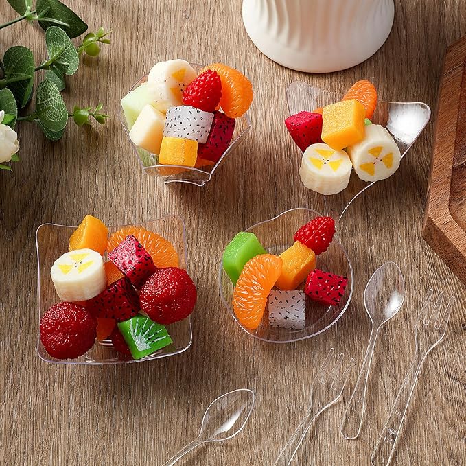 Tessco 200 Pcs Mini Appetizer Plates with Spoons Forks Disposable Mini Dessert Plates Plastic Appetizer Bowls Tiny Individual Serving Trays for Party(Clear,Modern)