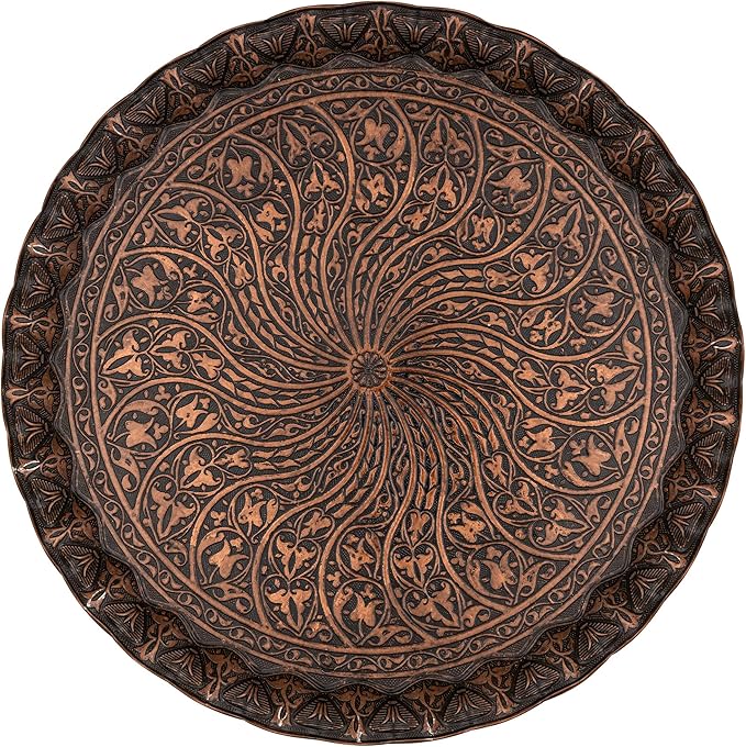 Alisveristime Turkish Ottoman Coffee Tea Serving Tray – 11.8 Inches, Wavy Zamac Tray with Traditional Motifs, Available in Five Color Variations (Copper)