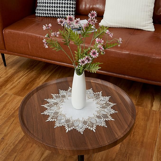 White Linen Doily 15 inches Round Neutral Earth Tones Beige Lace Coffee Table Topper Dresser Scarf Place Mats (White, 15” Round)