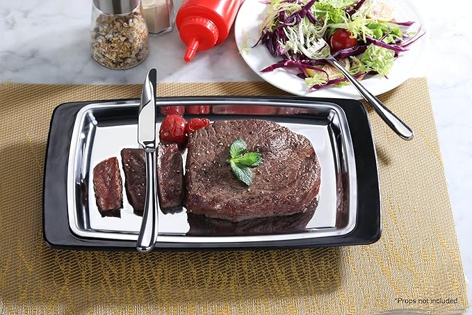 New Star Foodservice 26672 Rectangular Stainless Steel Sizzling Platter with Insulated Holder, 11" x 7.25", Black