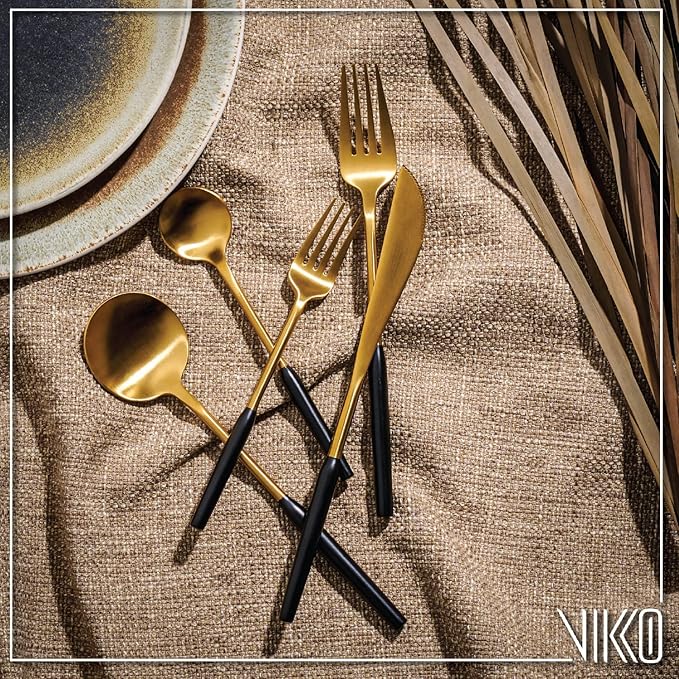 Vikko Dine Modern Silverware Set: Unique Brushed Black and Gold Set - Satin Matte - 18/10 stainless steel flatware For Upscale Dining and Entertaining- 20 Piece Cutlery Set - Service for Four (4)