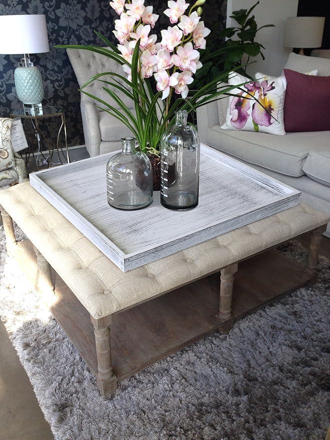 Extra Large Square Ottoman Table Tray 24 inch - Rustic Wooden Serving Tray for Farmhouse Decorative Oversized Coffee Table Trays Living Room Kitchen Counter Breakfast Whitewash