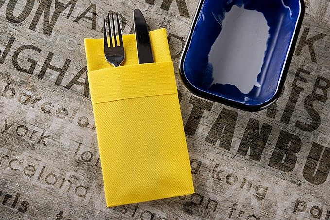 Yellow Dinner Napkins Cloth Like with Built-in Flatware Pocket, Linen-Feel Absorbent Disposable Paper Hand Napkins for Kitchen, Bathroom, Parties, Weddings, Dinners or Events, 1/8 Fold, Pack of 50