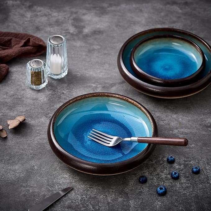 Ceramic Pasta Bowls Set of 4, 8 Inch Large Porcelain Pasta and Salad Bowls, Stoneware Dinner Plate Set for 4, Handmade Round Dishes for Home Decor, Microwave,Oven,and Dishwasher Safe, Blue