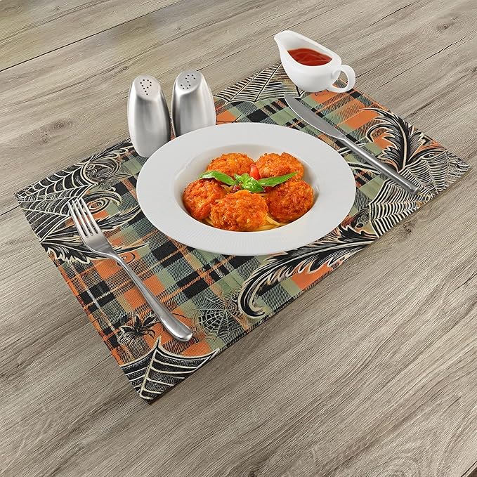 Ambesonne Halloween Place Mats Set of 4, Spooky Autumn Spider and Leafy Webs on Orangish Buffalo Plaid Back, Washable Fabric Placemats for Dining Table, Standard Size, Apricot Pale Green Grey