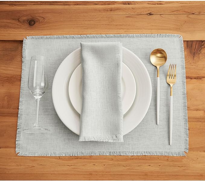 Solino Home Linen Light Grey Placemats Set of 4-100% Pure Linen Placemats 14 x 19 Inch for Christmas, New Year - Fringe, Handcrafted and Machine Washable