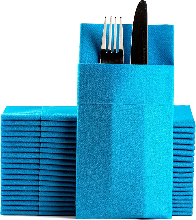 Blue Dinner Napkins Cloth Like with Built-in Flatware Pocket, Linen-Feel Absorbent Disposable Paper Hand Napkins for Kitchen, Bathroom, Parties, Weddings, Dinners or Events, 1/8 Fold, Pack of 50