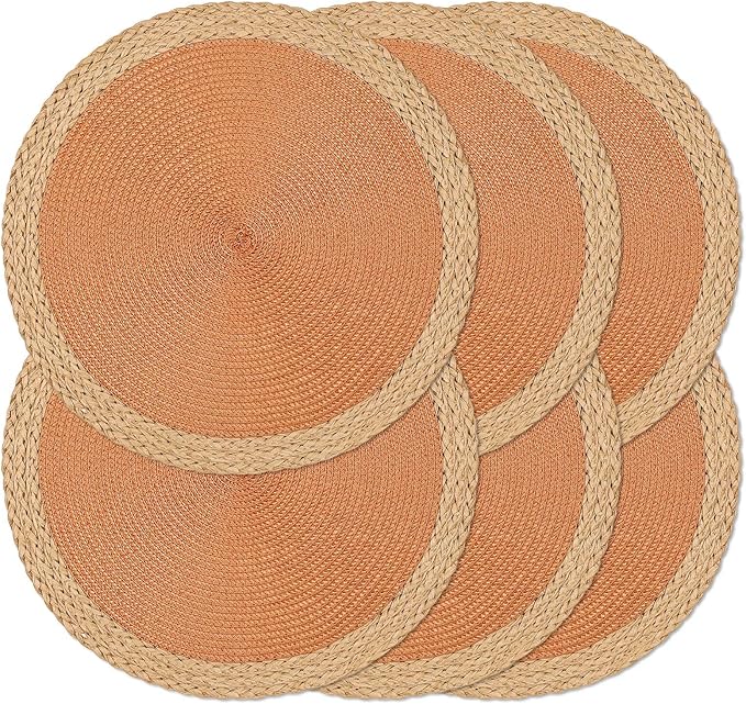 Noctiflorous Round Placemats Set of 6, 15 Inch Braided Hand Woven Table Mats, Heat Resistant Non-Slip Wipeable Wide Edge Place Mats for Kitchen Dining Indoor Outdoor Use(Orange, 6)