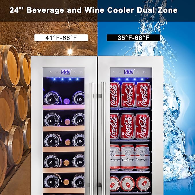 Cobalance 24 Inch Dual Zone Wine and Beverage Refrigerator-72 Cans and 20 Bottles Cooler, & Single Bottle Wine Chiller,Built-in or Freestanding Fridge for Beer, Soda, Drinks, Home, Bar