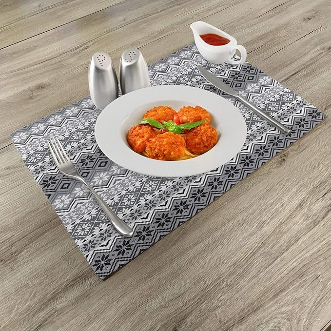 Ambesonne Grey Place Mats Set of 4, Nordic Snowflake Knit Patterns Scandinavian Motifs Traditional and Modern Print, Washable Fabric Placemats for Dining Table, Standard Size, Gray White