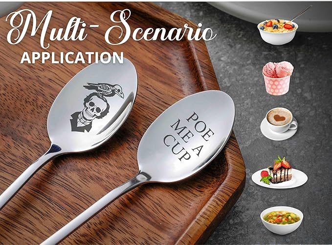 Edgar Allan Poe Gifts for Men & Women, 2 Pcs Engraved Stainless Steel Spoons, Perfect for Birthday & Christmas