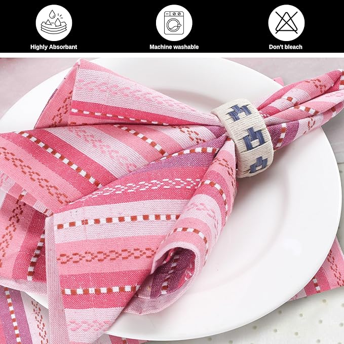 Bedding Craft Cotton Cloth Dinner Napkins Set of 12 – 18x18 Pink Multi Salsa Stripe – Reusable Machine Washable Fabric Napkins for Weddings, Parties, Kitchen & Everyday Dining