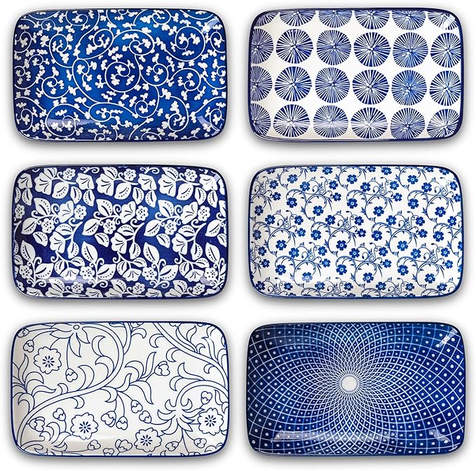 Selamica Ceramic 9.5 Inch Large Rectangular Salad Plates, Dinner Plates, Pasta Dessert Plates Serving Platters and Trays for Appetizer, Sushi, Fruit, Set of 6, Vintage Blue