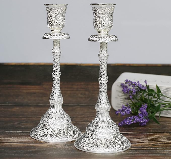 Silver Shabbat Candle Holder with Deluxe Engraved Design, Premium Silver Candlestick as Judaica Gift