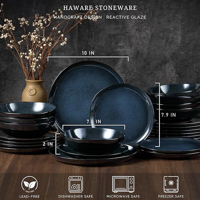 HaWare Plates and Bowls Set, Stoneware Dinnerware Sets, 18-Piece Hand-painted Dishware for 6, Ceramic Dinner Set for Home Kitchen, Microwave and Dishwasher Safe, Reactive Starry Blue