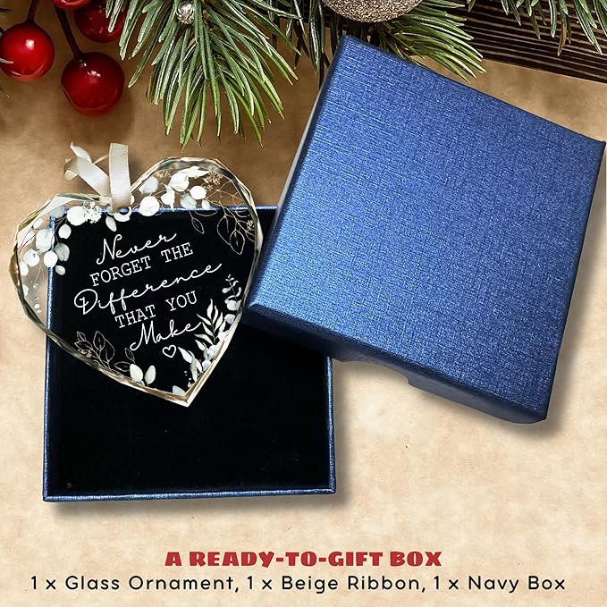 Thank You Gifts - Never Forget The Difference That You Make Ornament - Appreciation Gifts for Women, Boss, Coworker, Teacher, Nurse - Boss Day Gift Ideas - Glass Thank You Christmas Ornament
