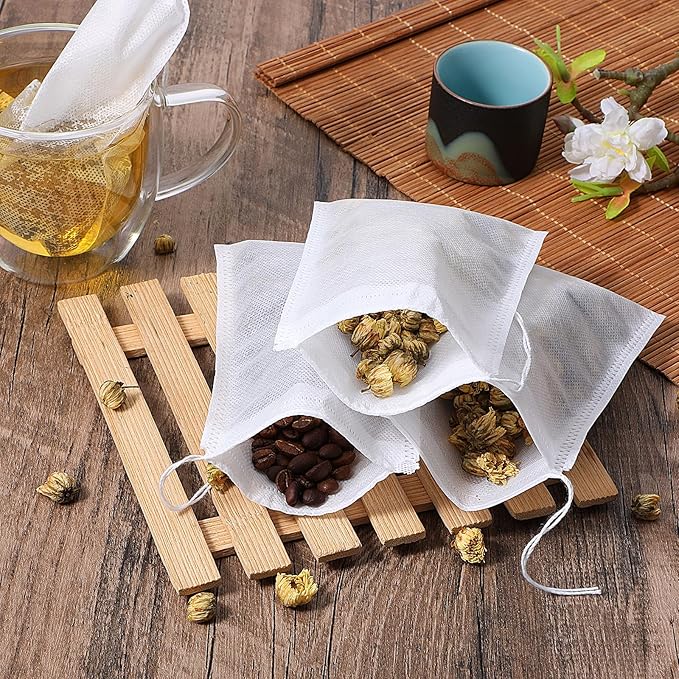 100 Pack Tea Filter Bags Tea Bag Empty Spice Bags for Cooking, Disposable Mesh Filters Drawstring Bag for DIY Craft Spices Coffee Storage Wedding Party Favor (4 x 5.9 Inches)