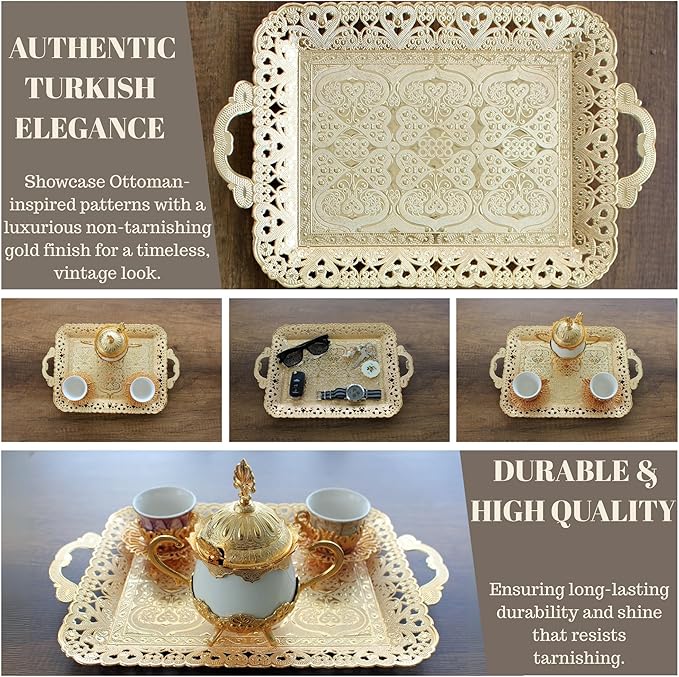 Turkish Vintage Style Entertaining Tray - |15.4” x 10.2”Multi-Purpose, Non-Tarnishing, Zamak Alloy, Decorative Ottoman Style - Rectangular Serving Tray for Coffee & Beverages (Gold)