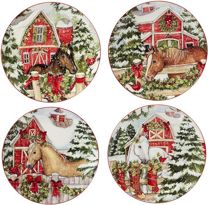 Homestead Christmas 16-Piece Dinnerware Set – Holiday Tableware for 4 with Festive Horse & Barn Scenes – Winter Ceramic Plates, Bowls & Mugs – Farmhouse Country Christmas Décor