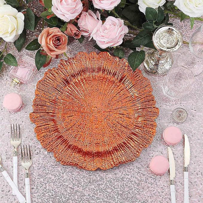 13" Charger Plates - Set of 12 - Acrylic Orange Round Reef Disposable Chargers, Ideal for Dinner Party Wedding Holiday Bulk Events