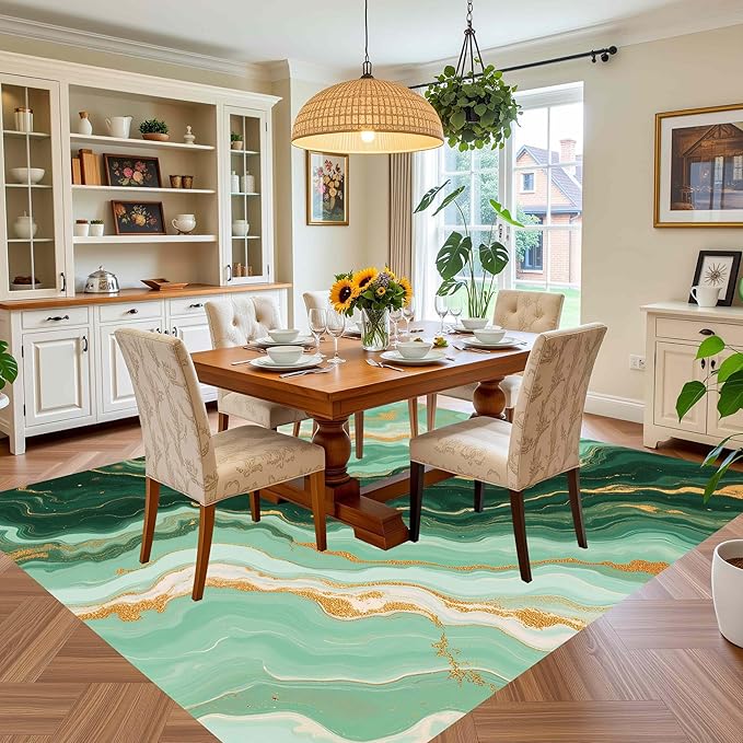 Green Gold Marble Texture Indoor Rugs for Living Room Bedroom Dining Room Soft Non Skid Thin Large Area Rug Nursery Farmhouse Art Deco Floor Mats Dorm Kitchen Modern Abstract Home Office Carpet 7x12