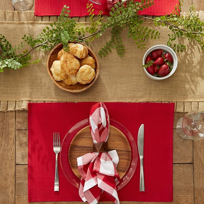 DII Basic Everyday Ribbed Tabletop 100% Cotton, Placemat Set, 13x19, Tango Red, 6 Piece
