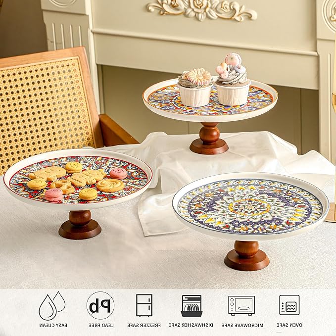 Ceramic Cake Stand with Elegant Wood Curved Footed, 10” Versatile Dessert Stand, 2-in-1 Dessert Table Display Set & Charcuterie Board for Birthday/Kitchen/Party/Charcuterie, Orange