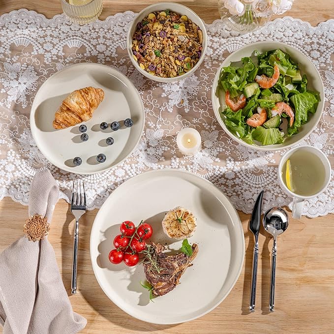 GBHOME 24-Piece Ceramic Dinnerware Set for 6, Handpainted Plates, Pasta Bowls & Bowls Set with Rustic Terracotta Underside, Scratch-Resistant, Dishwasher & Microwave Safe,Speckled Glaze Beige